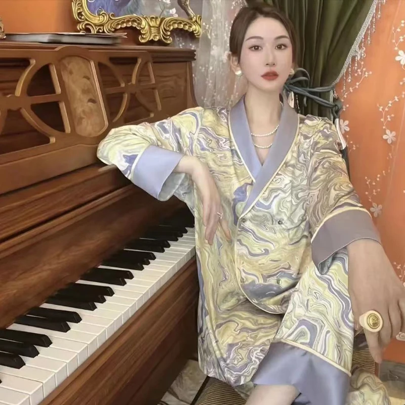 

Модная дизайнерская Осенняя Домашняя одежда, женские атласные шелковые пижамы, брюки с длинным рукавом, Пижама для женщин, домашняя одежда, ...