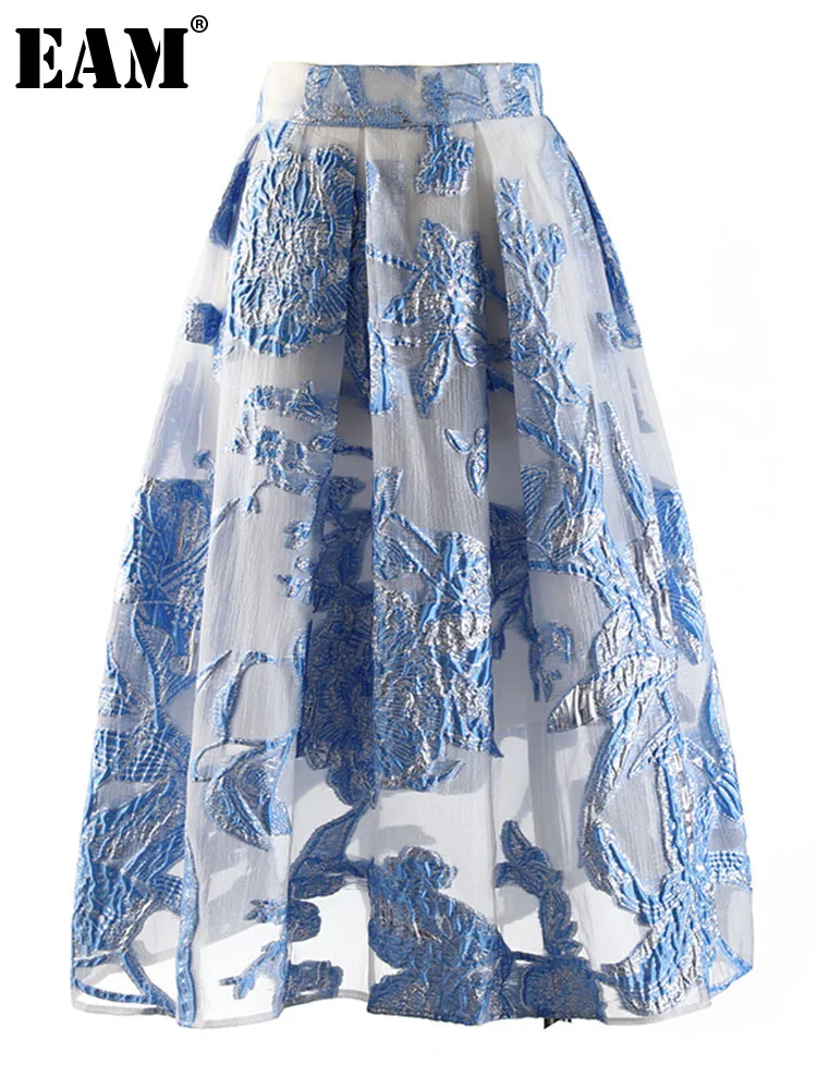 

[EAM] High Waist Blue Organza Pattern Pleated A-line Midi Half-body Skirt Women Fashion Tide New Spring Autumn 2022 1DE72990