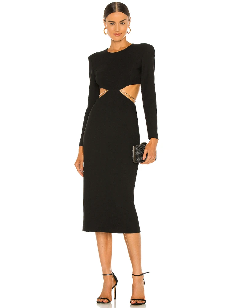 

Backless Waist Hollow Out Black Long Sleeve MiDi Dress Women Sexy O Neck Chain Design Bodycon Dress Party Club Celebrity Dress