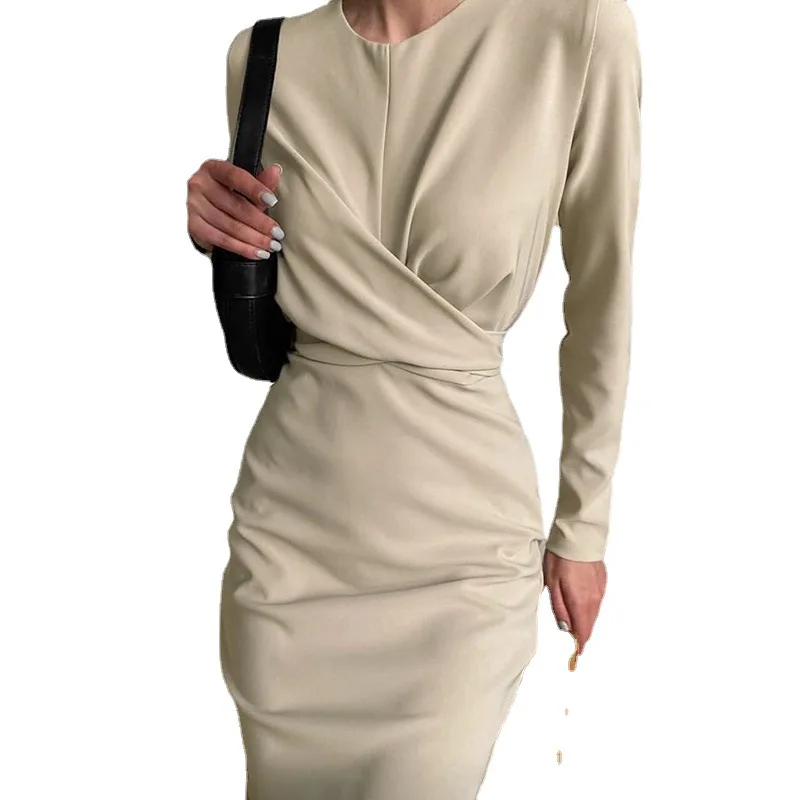 

Retro O Neck Waist Pencil Dress Long Sleeves Hip Wrap Dresses For Women Elegance New Sexy Clothing Robe Femmes
