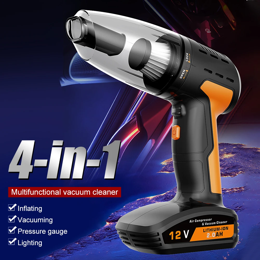 

Portable Car Vacuum Cleaner 4 In 1 6000Pa Cordless Interior Cleaner with LED Light Tire Pressure Gauge Inflator Auto Accessories