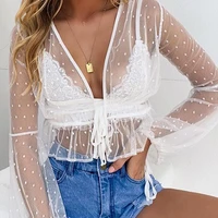 elegant v neck lace womens top fill in trumpet sleeve polka dot cropped top with transparent lace sexy summer top beachwear