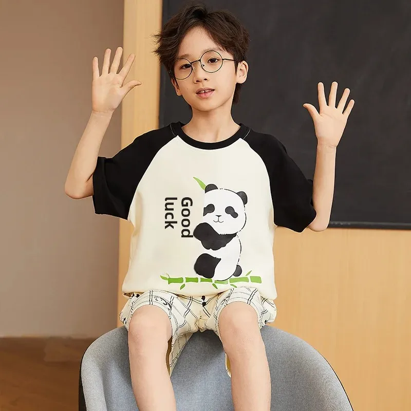 2024 Summer New Children's Sleepwear Short Sleeve Pure Cotton Cartoon Home Clothes For Boys Medium To Large Suit