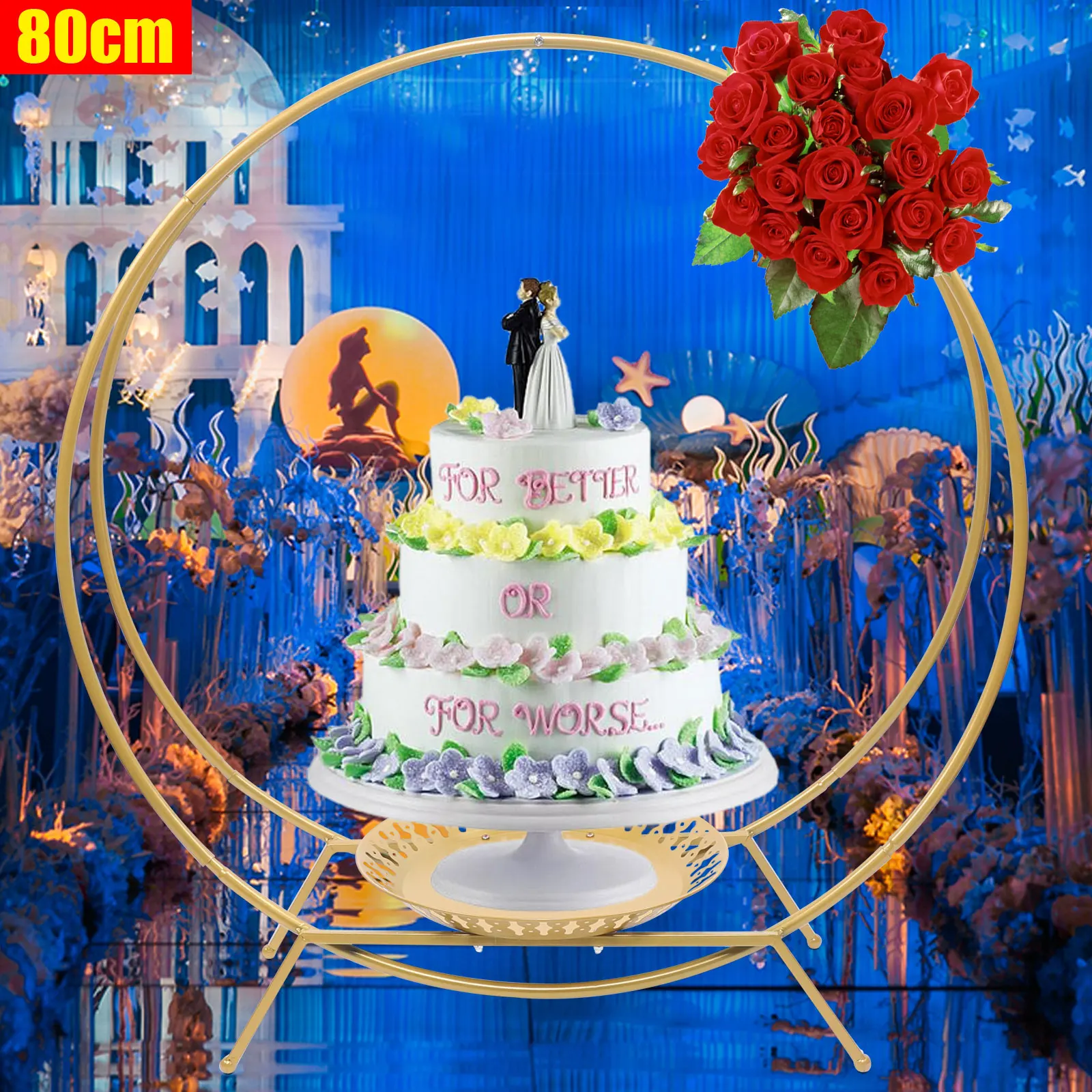 Estante de arco de boda de doble círculo de 80cm, soporte de exhibición de pasteles, globos, soporte de flores, fondo plateado/dorado