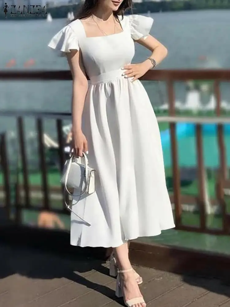 

Платье ZANZEA женское средней длины с квадратным вырезом, элегантный однотонный модный праздничный сарафан с оборками на рукавах, лето 2023