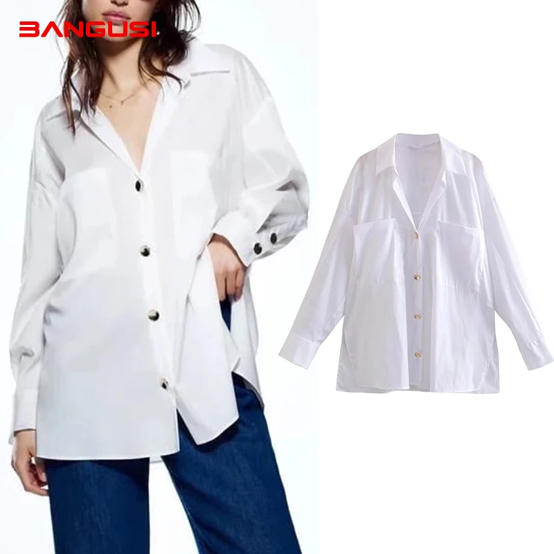 

ZA Spring 2022 Women Pocket Decoration Loose Shirt Long Sleeve Gold Single Breasted Blouse Female Streetwear Casual Long Tops