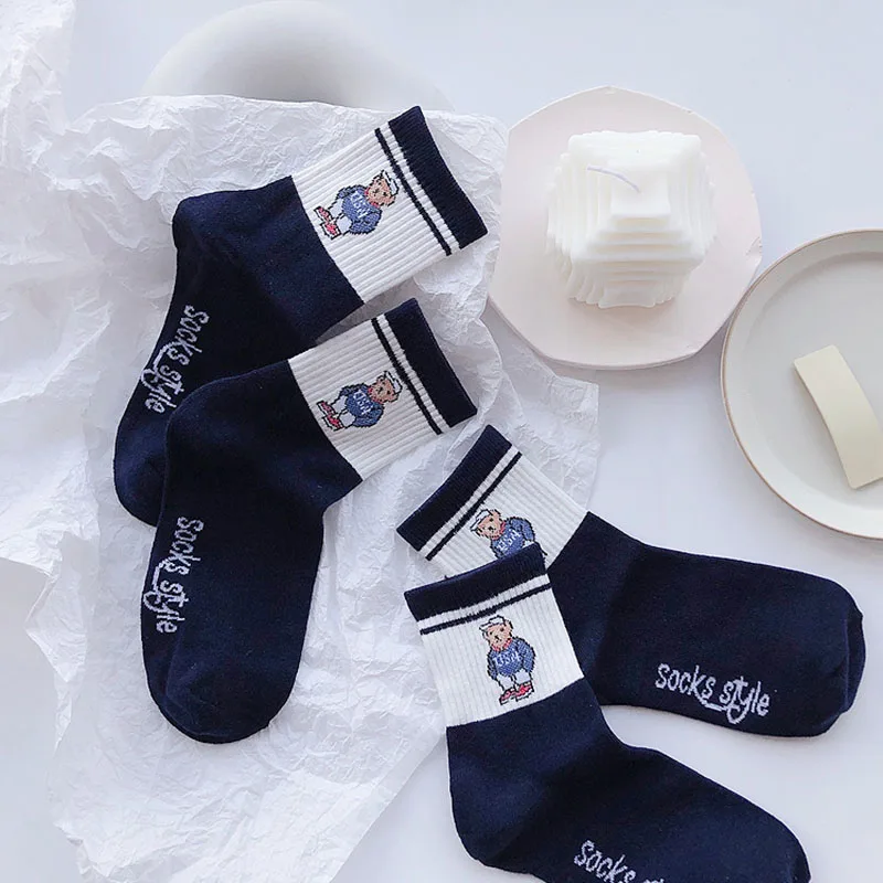 5 Pairs Embroidery Blue Men's Socks Bear Female Spring And Autumn Harajuku Cartoon Gentleman Breathable Business Christmas Gift