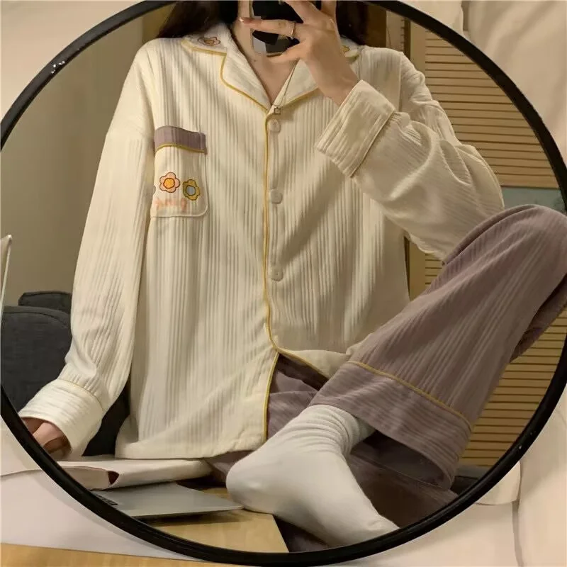 Sexy Bow Princess Sweet Pajamas Set Full-Sleeve Long Pants 2Piece/Set Pyjama  Homewear Cozy Plus Big Size Sleepwear