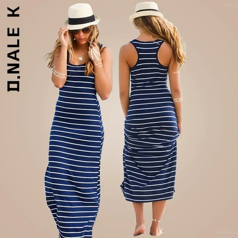 

D.Nale K Spring Autumn Sleeveless Dress Women Basic Stripe Summer Beach Maxi Dress Stripe Summer Beach Clothing Female Vestidos
