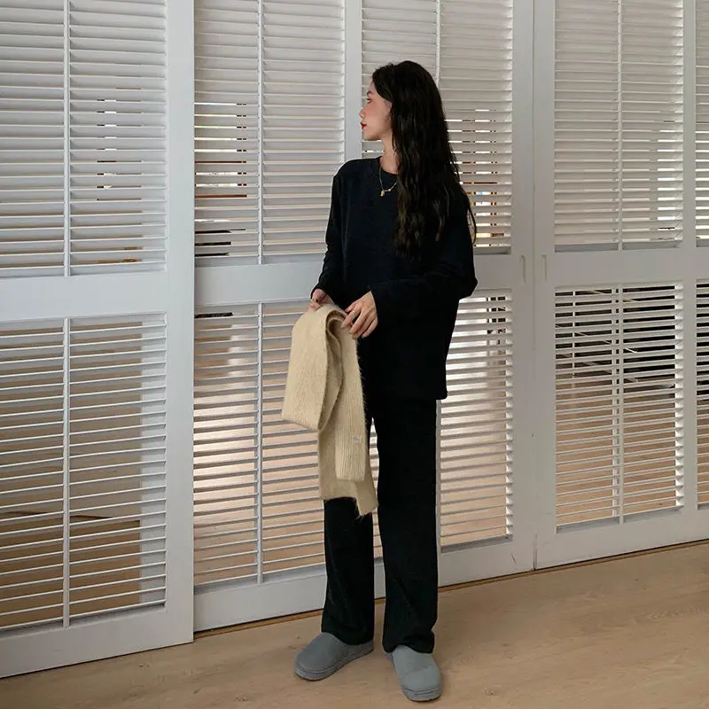 QWEEK Sleepwear Women Cotton Black Gray Apricot Solid Color Pajamas Autumn Female Home Clothes Sleepwear Warm Pijamas Pyjamas