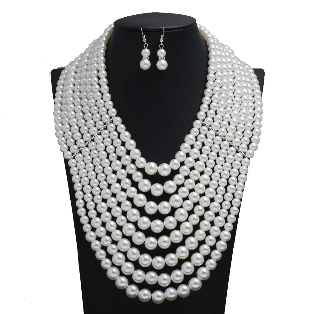 

Multi layer Big Chunky Pearl Necklace Earrings Statement Beads Collar Bridal Women Wedding Jewelry Accessories Pearl Jewelry Set