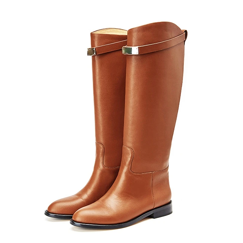 

Brand Design Real Leather Metal Buckle Women Boots Luxury Handmade Belt Winter Knight Boots 34-42Size 2.5cm Low Heel Woman Shoes