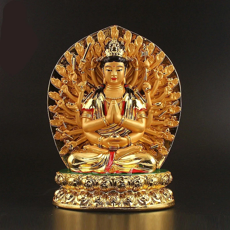 19 см позолоченная Смола Avalokitesvara Kwan Yin статуя тысяча рук Бодхисаттва скульптуры домашний декор на удачу
