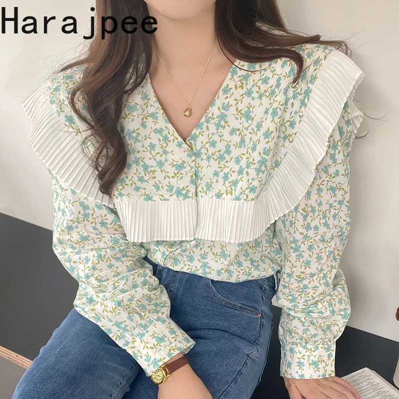 

Harajpee Korean Printing Shirts Sweet Floral Sailor Collar Pleated Loose Puff Sleeve Spring New 2022 Women Blouse Patchwork Tops
