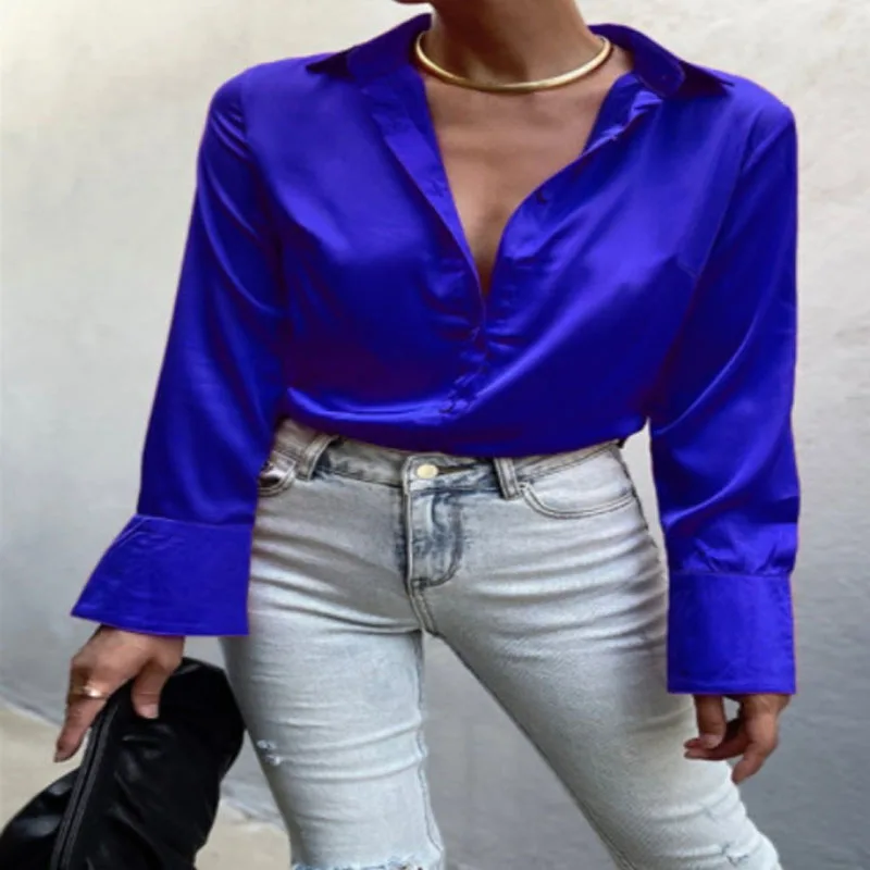 

Блузка Женская атласная с отложным воротником, Модная элегантная Однотонная рубашка с отложным воротником, на пуговицах, повседневный Своб...