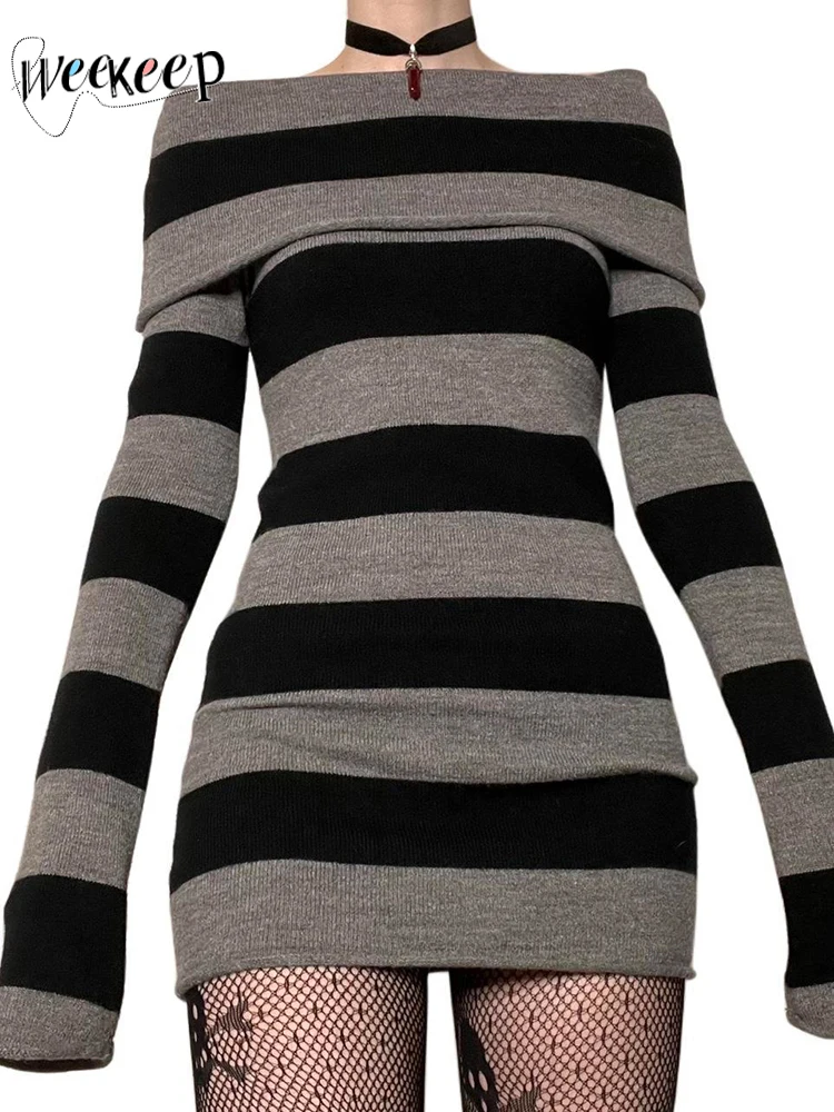 

Weekeep Striped Print Long T-shirt Women Vintage Skinny Knitwear Pullovers Korean Fashion Slash Neck Full Sleeve Ladies Clothing