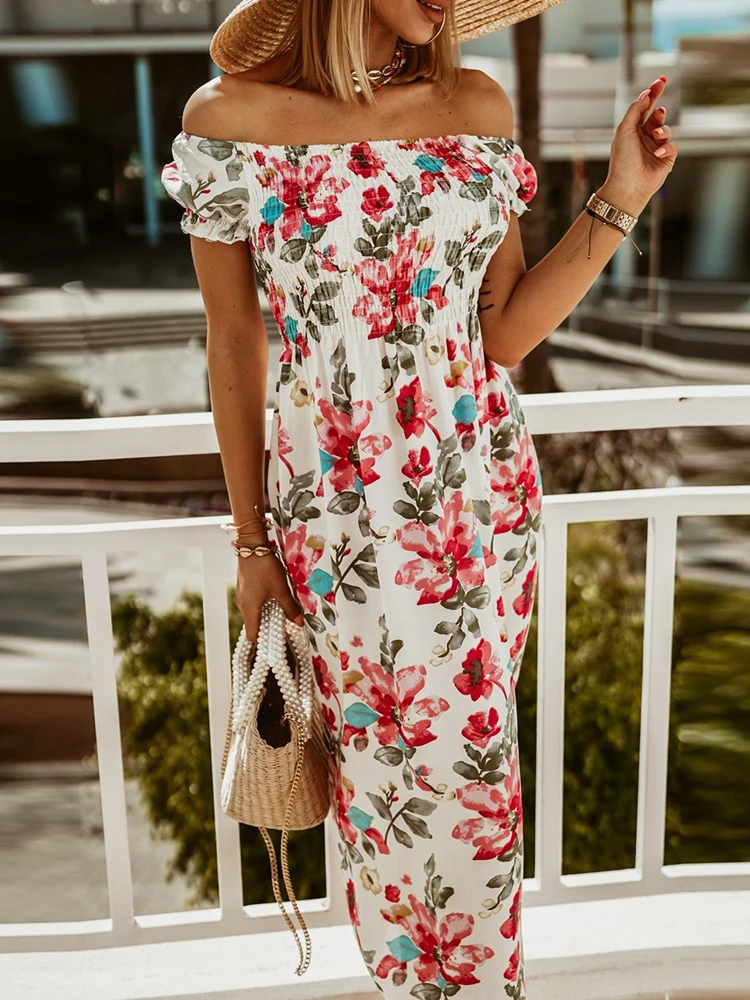 

Women Summer Elegant Slash Neck Short Sleeve New Midi Dress Vintage Floral Print Boho Dress Ladies Casual Slim Fit Party Dresses
