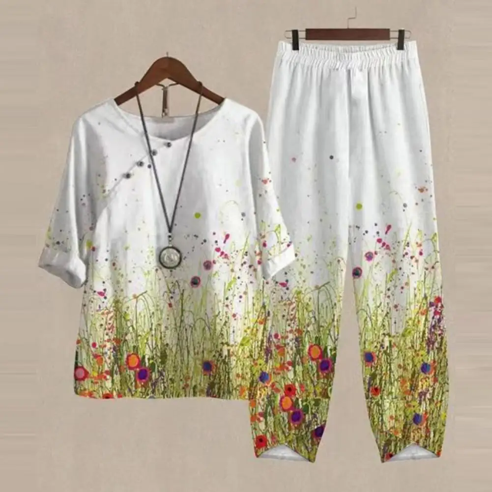 

2 Pcs/Set Women T-shirt Pants Set Floral Print Blouse Trousers Set Half Sleeves Loose Elastic Waist Wide Leg Lady Top Pants Set