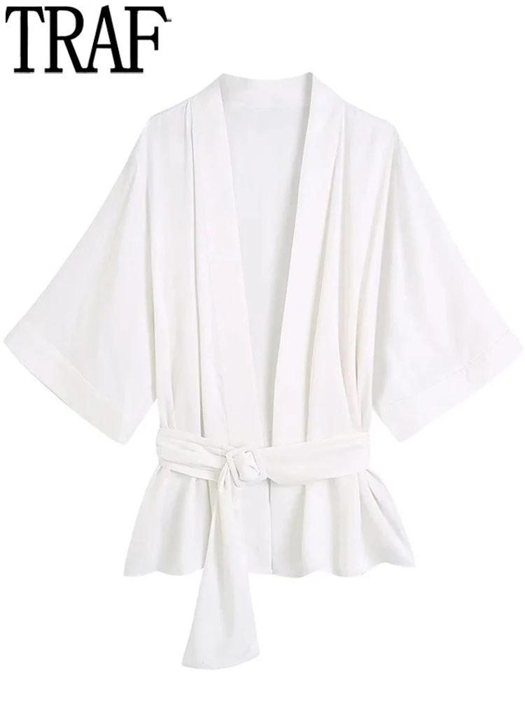 

Блузка Женская атласная с поясом и пряжкой, с широким коротким рукавом