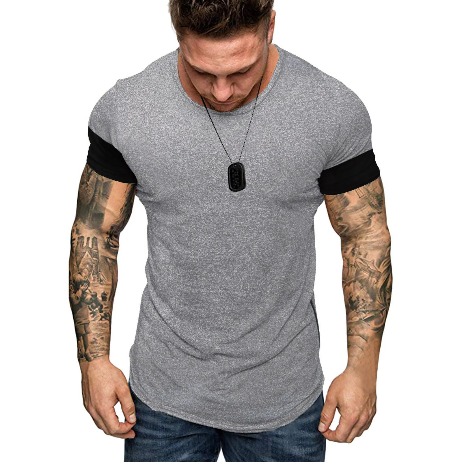 

Fashion Men's Summer Slim Fit Patchwork Short Sleeved Sport T-shirt Top Solid Color Slubby Cotton Fabric Casual T-shirt