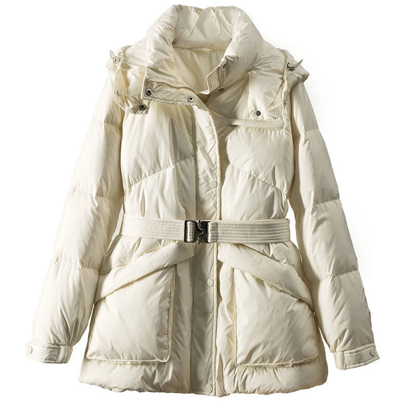 90% White goose down jackets for women Casual Autumn/Winter Slim zipper casaco feminino inverno hooded thin Adjustable Waist