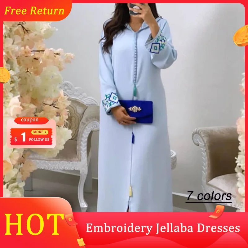 

Платье Jellaba, Женский хиджаб с цветочной вышивкой, Кафтан Дубай 2022, летние модные элегантные длинные платья с капюшоном, женское марокканское...