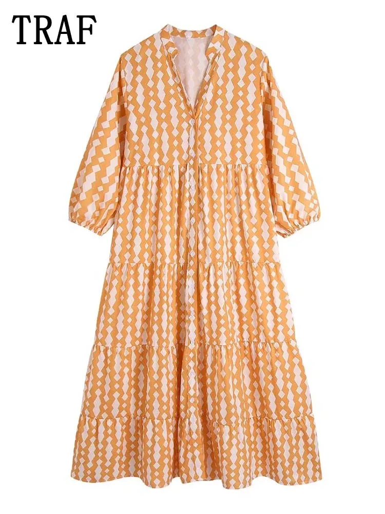 

TRAF Zar 2022 Printed Long Dress Women Ruched Ruffle Midi Dress Woman Long Sleeve Female Dress Summer Button Casual Dresses
