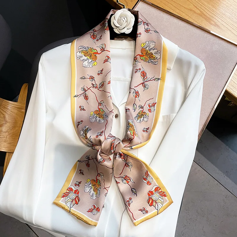 

17*150 Fashion Floral Women Scarf Skinny Hair Headband Silk Bag Scarfs Wrap Accessories Long Narrow Office Lady Female Hairbands