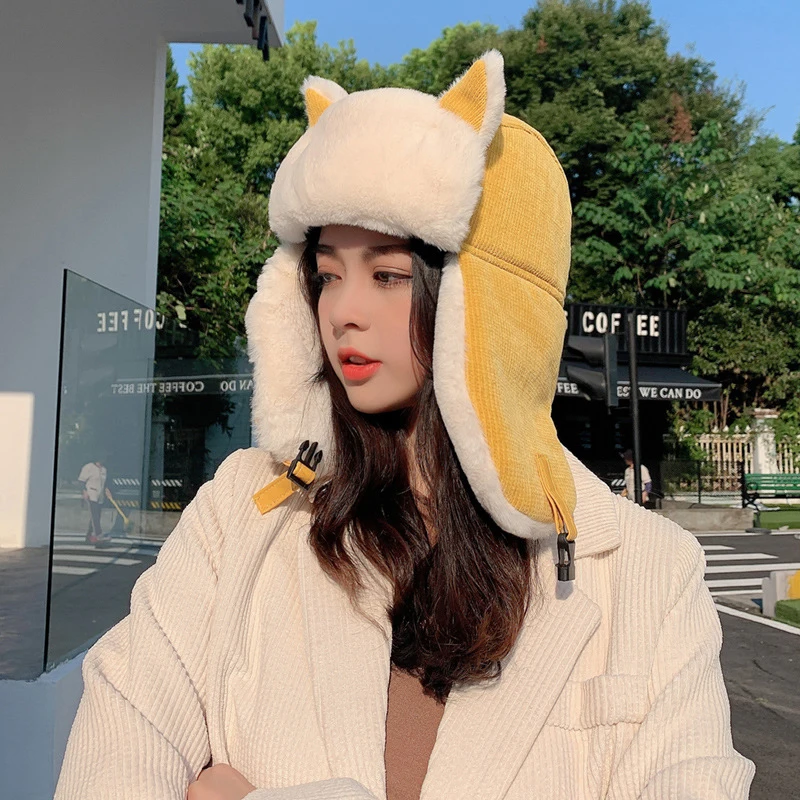 

Winter Russian Bomber Hat Women Warm Earmuffs Thicken Ear-flapped Hat Winter Cashmere Plush Cotton Hat Cat Ears Cap