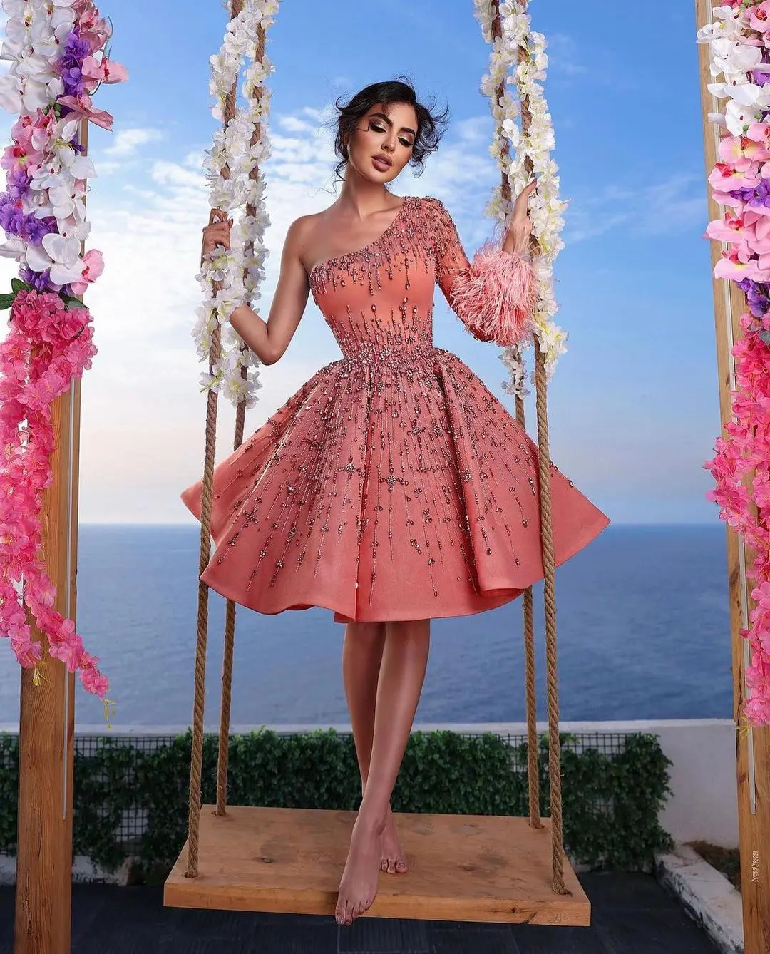 

Fashionvane Handmade Beading Luxury Prom Dresses One Shoulder Feathers Long Sleeve Pageant Party A Line Short Evening Gowns