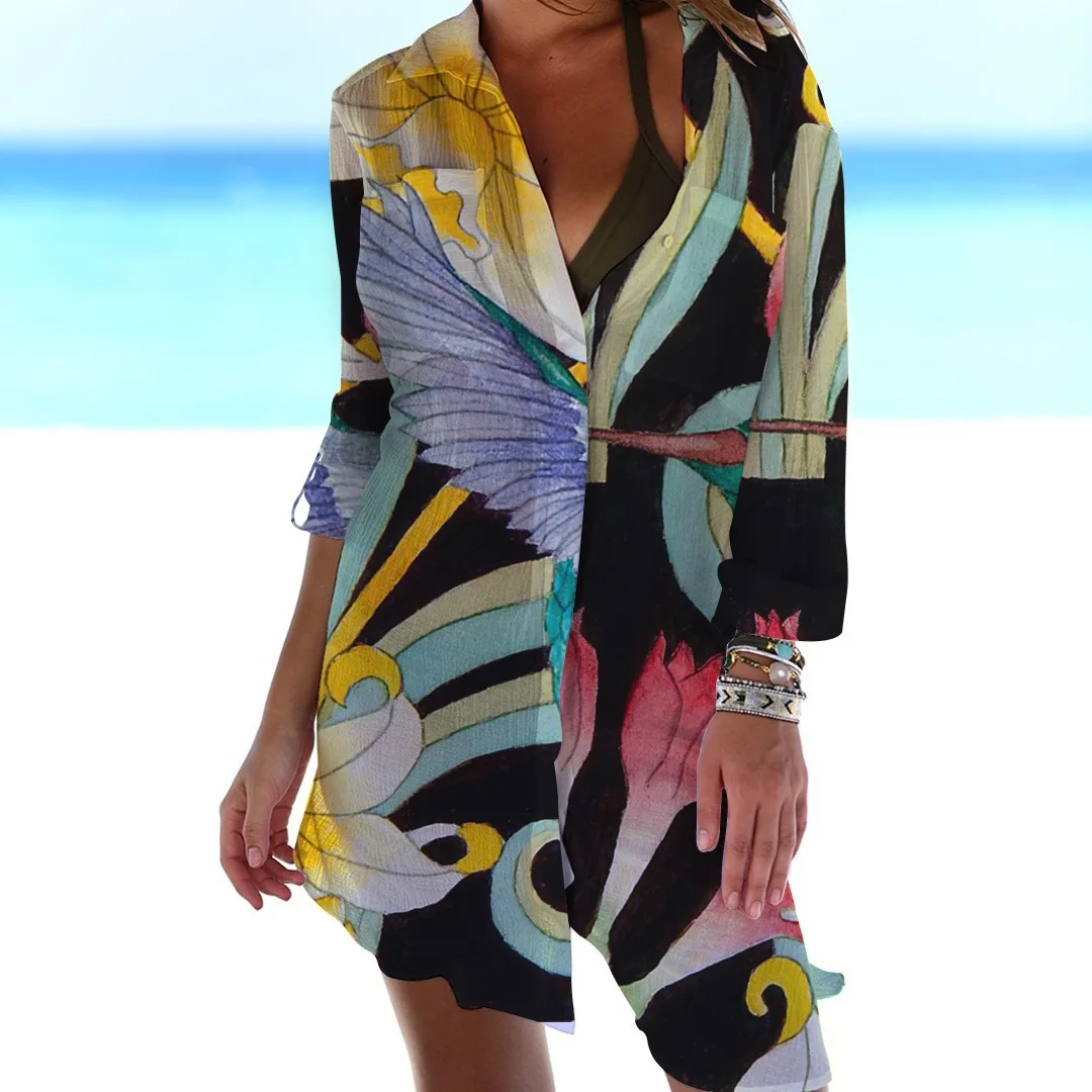 

Hawaiian Shirts Harajuku Vintage Bohemian Women's Beach Shirt Button Up Cardigan Short Sleeve Sun Protection Blouse Summer Top