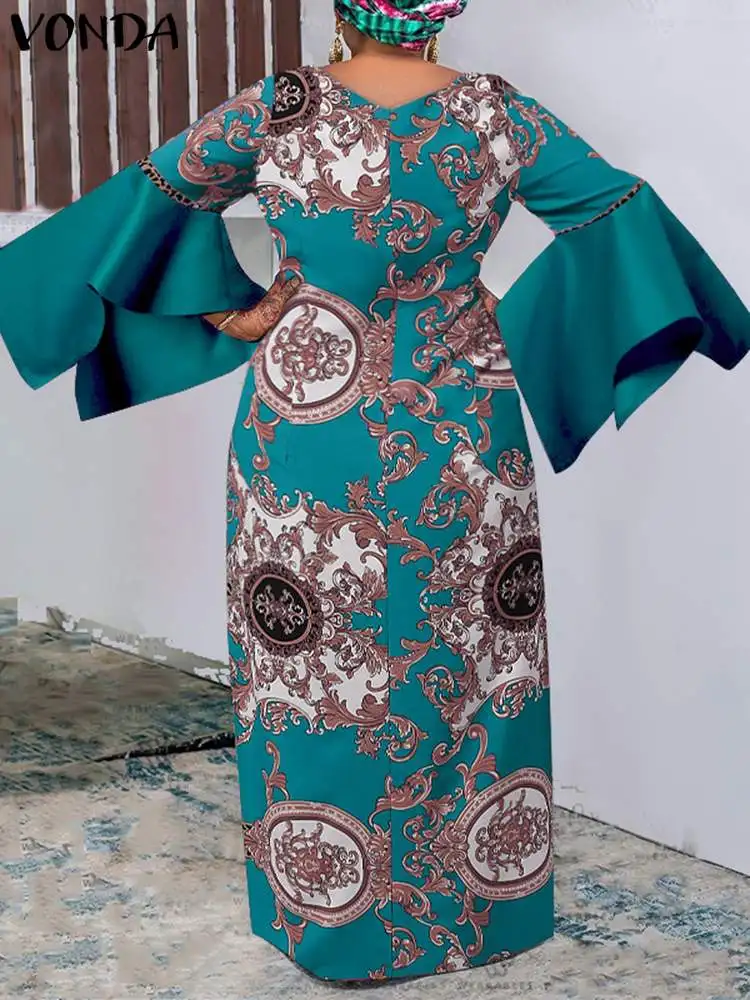 

Модное богемное Макси-платье VONDA 2022, женское вечернее платье с длинным Расклешенным рукавом и принтом, винтажное Плиссированное Макси-плать...