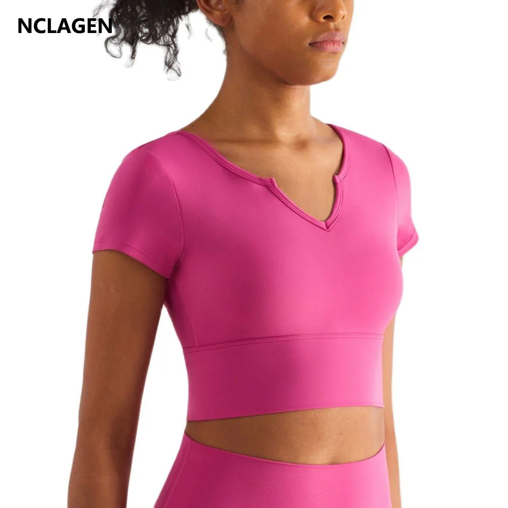 

NCLAGEN Naked Feeling Sports Top Short Sleeve T-shirt Women With Breast Pad Fashion V-neck Breathable Gym Fitness Yoga Blouse