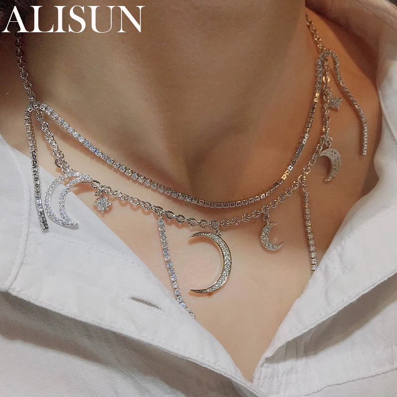 ALISUN 925 Sterling Silver Double Layer Chocker Necklace Encrusted with AAA Zircon Moon for Women Fashion Wedding Jewelry