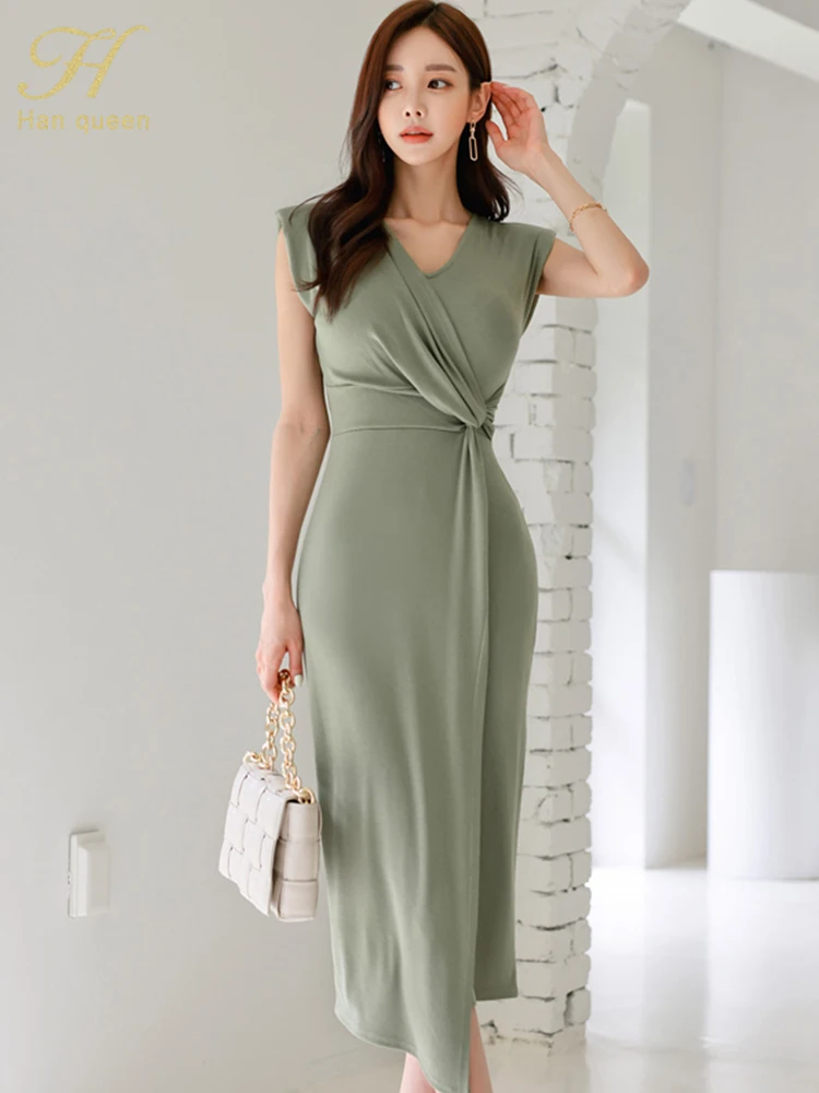 

Лидер продаж, летнее элегантное модное платье-карандаш H Han Queen, простые серийные платья, женские Асимметричные офисные повседневные платья без рукавов