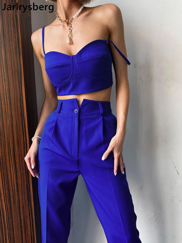 

Jarlrysberg Sexy Blue Crop Top Two Piece Set Women Summer Fashion High Waist Pants Set Lady Elegant Slim Pencil Trouser Suits