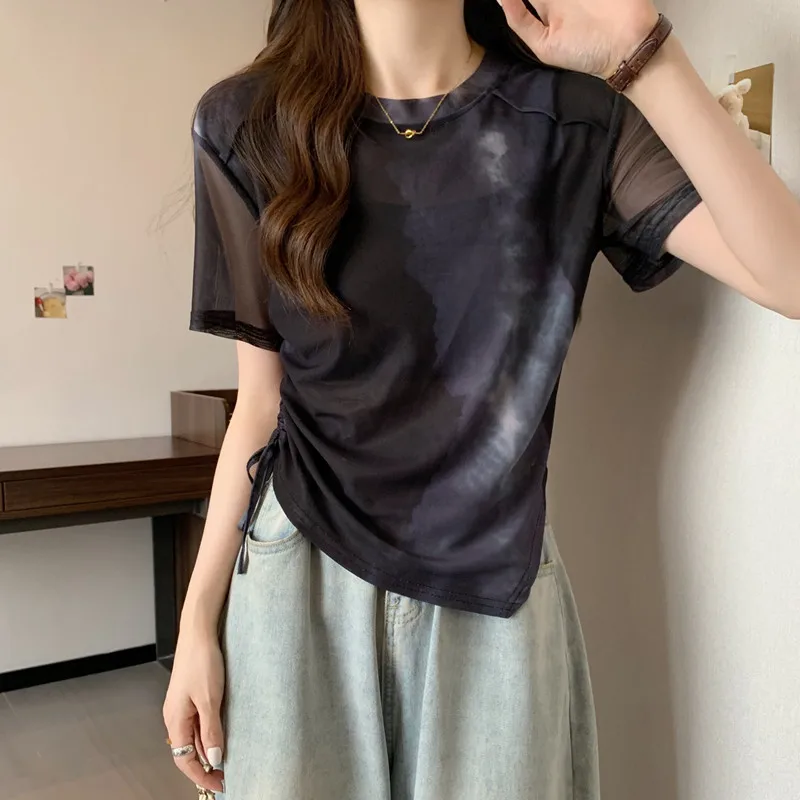 

Summer Tie-dye Tees Fashion Drawstring Irregular T-shirts for Women Fat Girl 4XL Tops Short Sleeve Loose Tshirt Clothes 27737