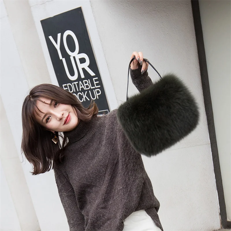 luksusowa damska kwadratowa torba na ramię z futra lisa zimowa puszysta miękkiego pluszowa torebka portfel