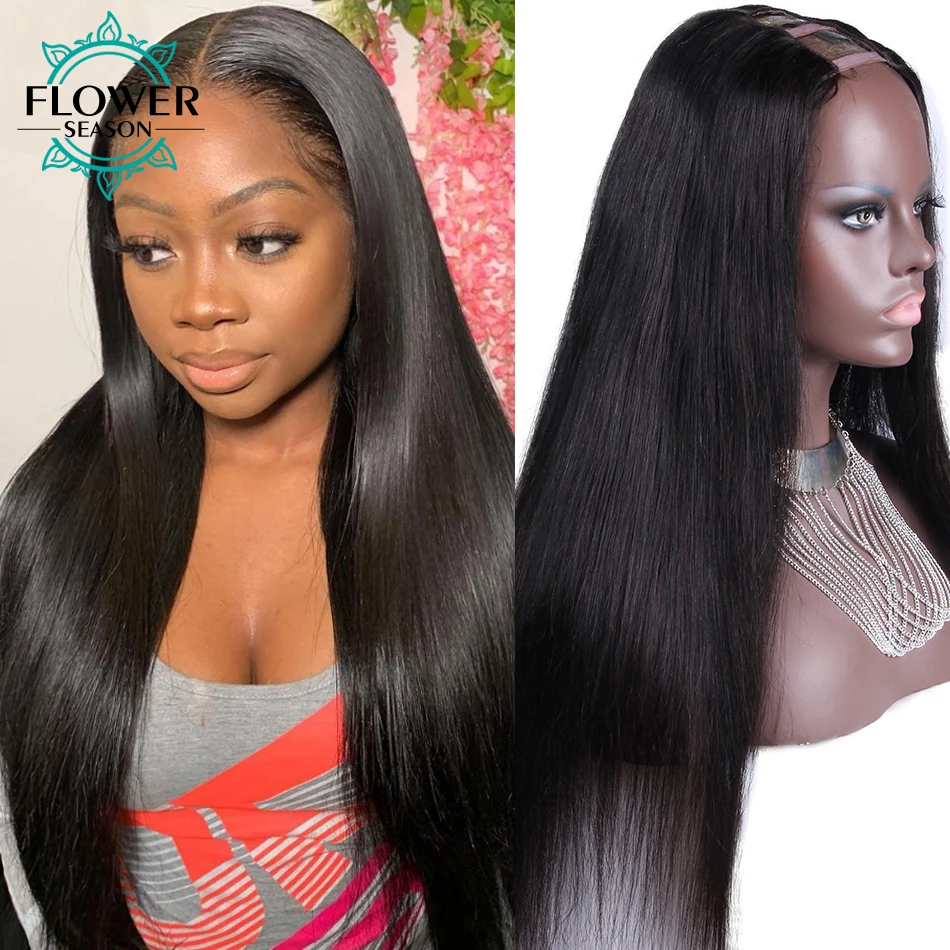 Straight U Part Wig 150%Density Brazilian Human Hair Wigs Silky Straight V Part Wigs Non Lace For Black Women Flowerseason