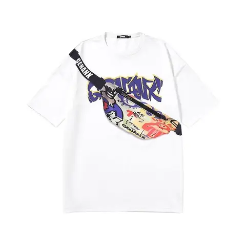 Топ женский, лето 2021, повседневная свободная посадка со стереоскопической диагональной сумкой на молнии, белая хлопковая футболка с короткими рукавами Y2k