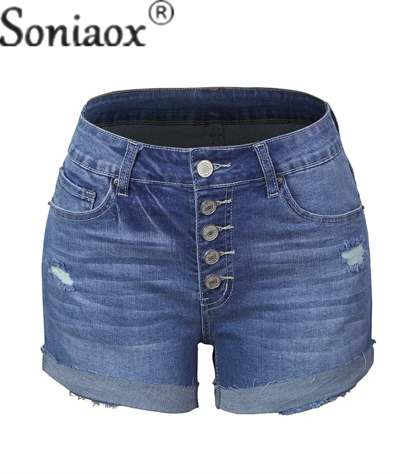 Fashion Broken Holes Multi-button Splice Denim Shorts Ladies Summer Women Commuter Straight Three Quarter Pants Trend Streetwear