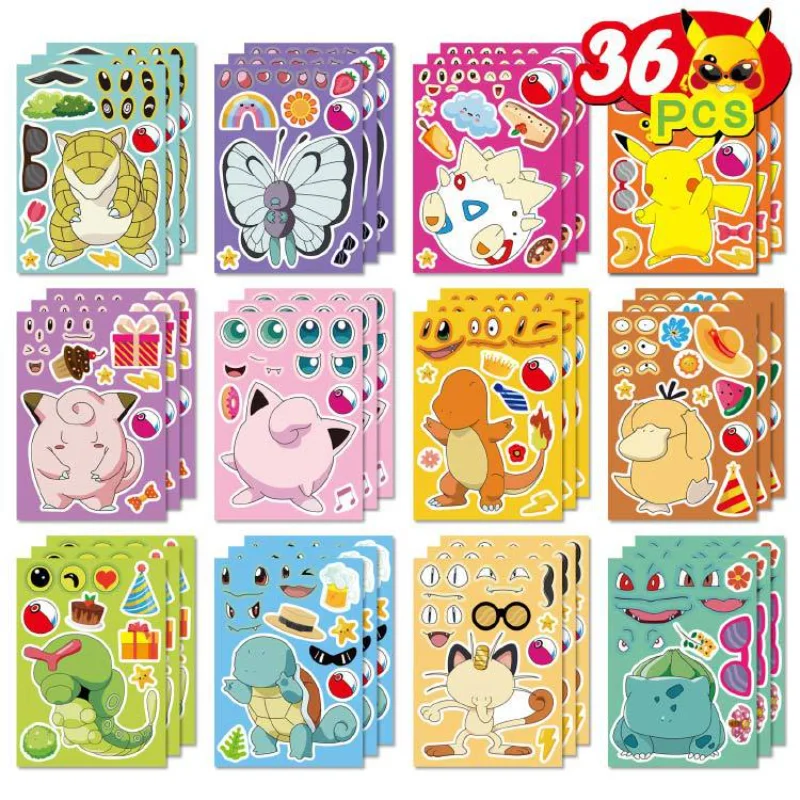 

36pcs Pokemon Anime Figure Pikachu Puzzle Stickers Make-a-Face Eevee Cartoon Decal Assemble Jigsaw Children DIY Sticker Toys