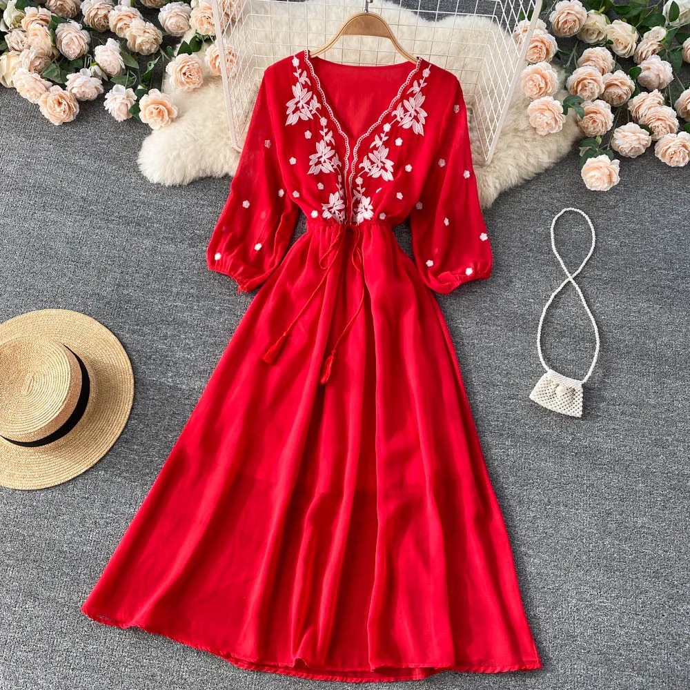 

Heavy Industry Embroidery V-Neck Chiffon Dress with High Waist, Slim and Super Immortal StyleLarge SwingLongDress HolidayDress