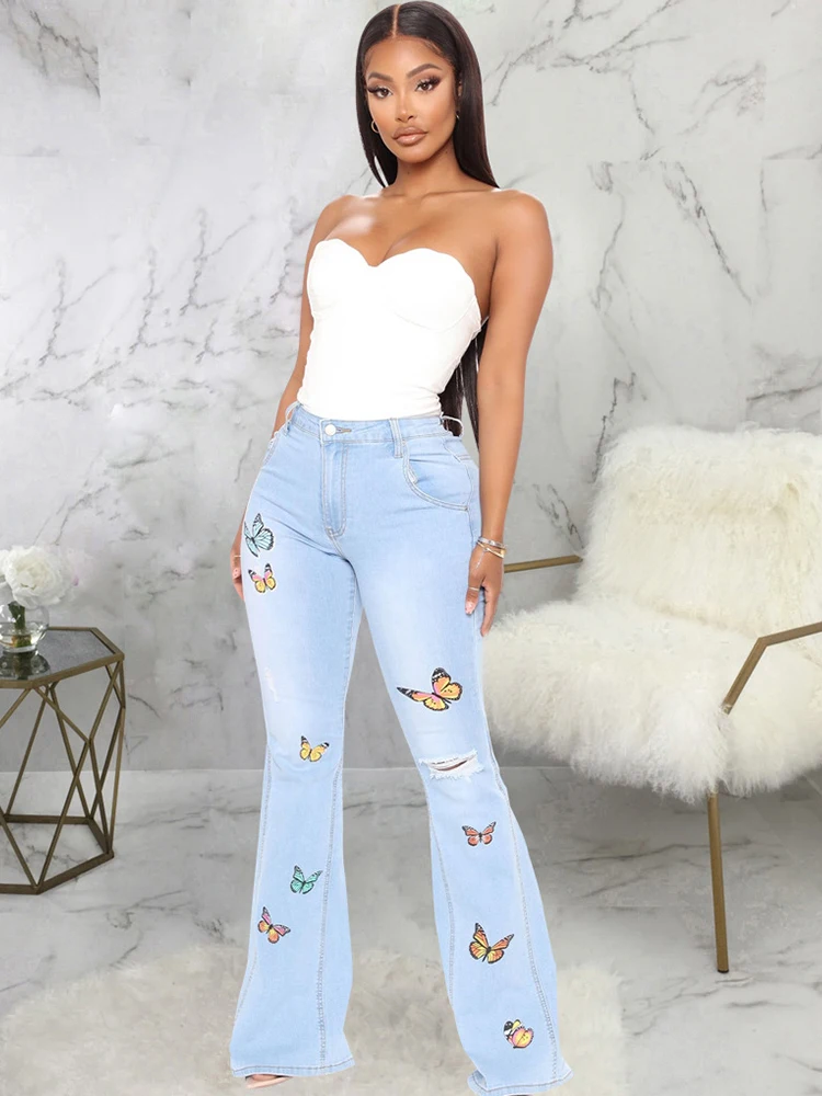 

Street Style Butterfly Embroidery Flare Pants High Waist Floor Length Slim Fit Denim Trouser Sunday Causal Clothes for Women