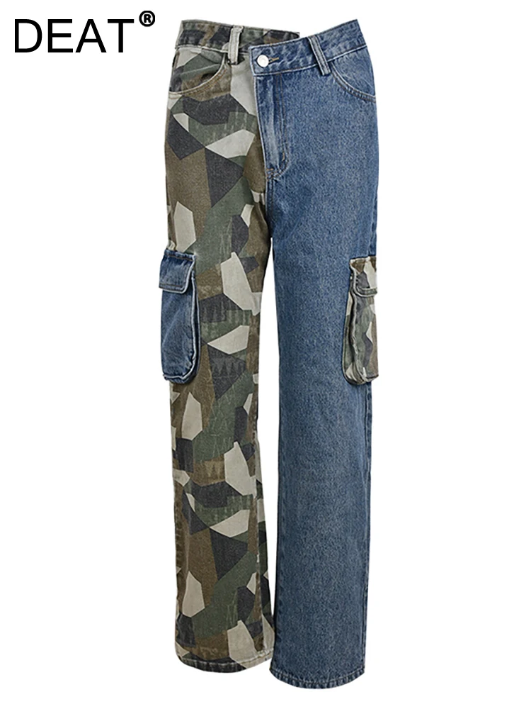 

DEAT Women's Jeans Patchwork High Waist Loose Straight Denim Patch Design Camouflage Long Pants 2023 Autumn New Fashion 17A5934