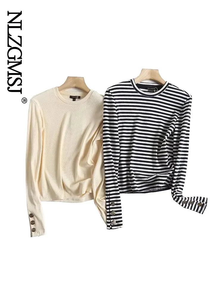 

Nlzgmsj 2023 весенний женский ретро полосатый Универсальный простой эластичный Повседневный вязаный свитер с круглым вырезом и длинным рукавом