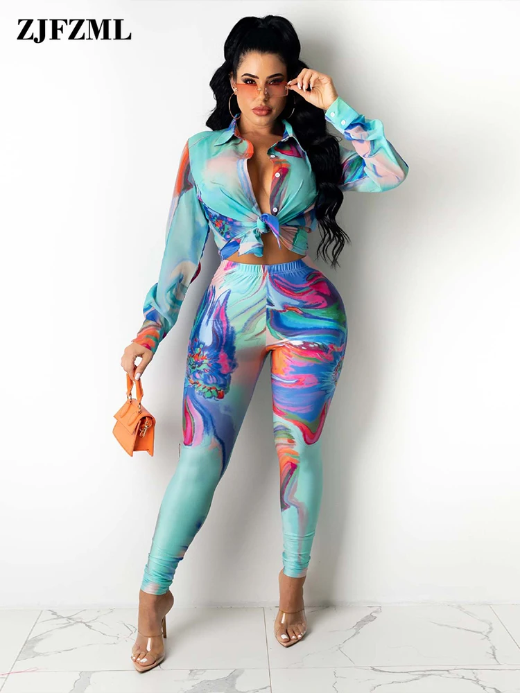 

High Street Aesthetic Print Two Piece Set Women Full Sleeve Lapel Neck Shirt Tops and Elastic Waist Pencil Legging Female Outfit