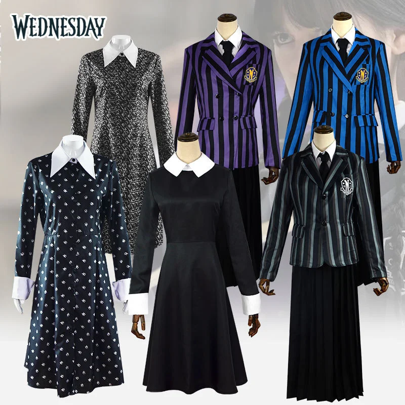 

Anime Wednesday Adams Family Cosplay Dress Costume Outfits Women Vintage Gothic Uniform Girls Black Dresses