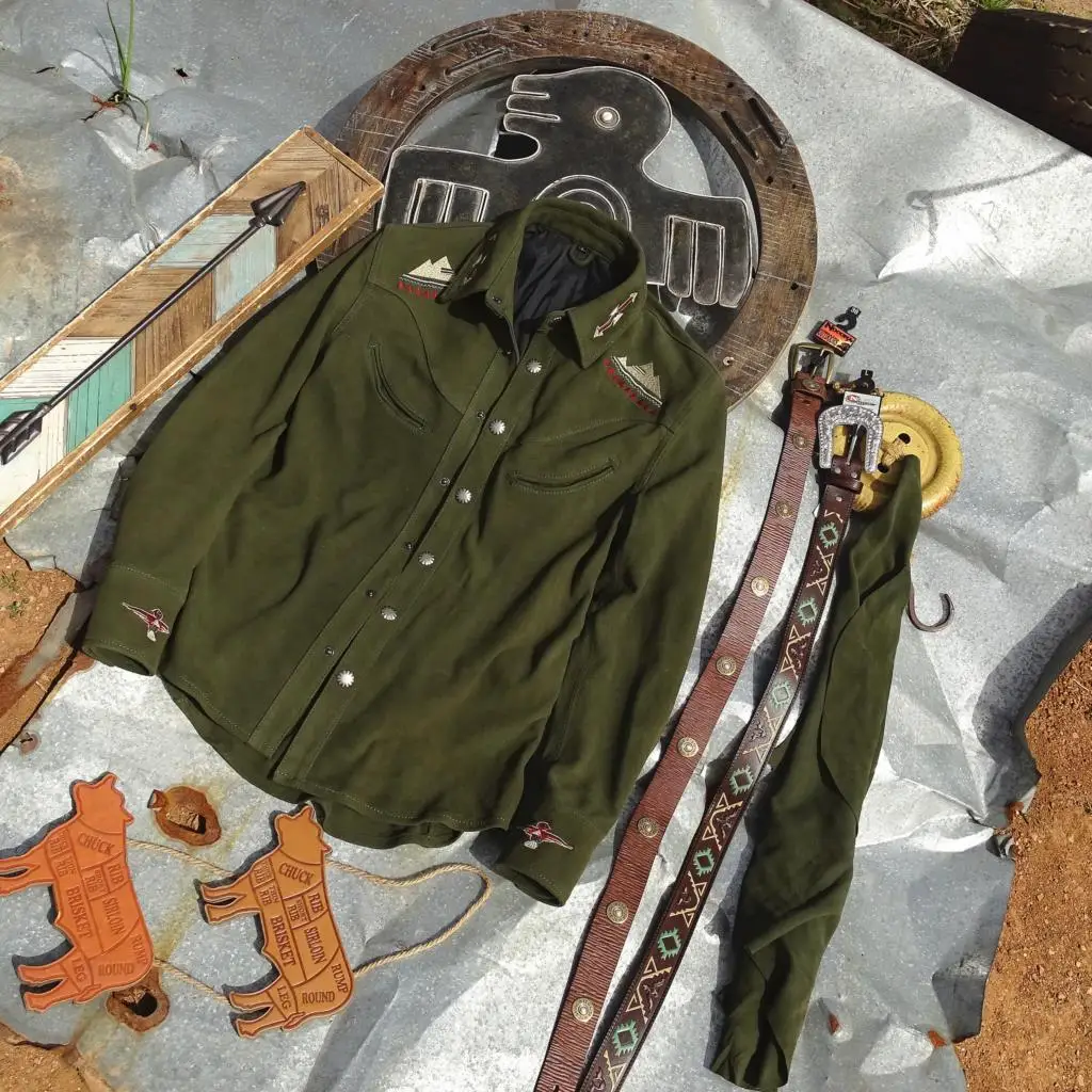 

Embroidery Navajo totem thin suede sheepskin American western shirts