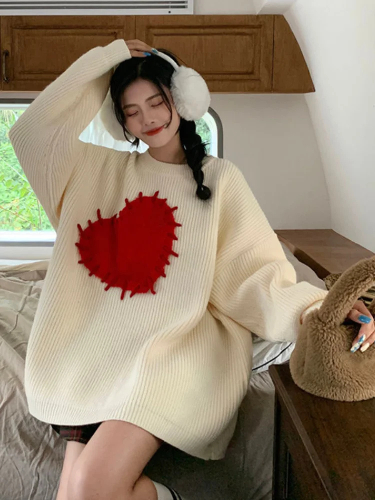 

2023 свитер Deeptown в японском стиле с принтом сердца, Женский винтажный вязаный джемпер в стиле Харадзюку, свободный Универсальный пуловер, топы для милой девушки